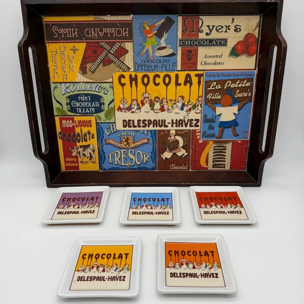 Pottery Barn Vintage Chocolate Advertisement Wooden Tray and 5 Coaster Set